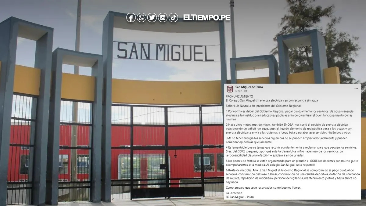 Colegio San Miguel de Piura sin luz ni agua padres de familia anuncian protesta contra el Gore Colegio San Miguel de Piura sin luz ni agua padres de familia anuncian protesta contra el Gore