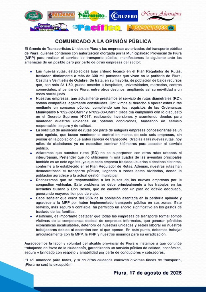 Comunicado a la opinión pública del Gremio de Transportistas Unidos de Piura