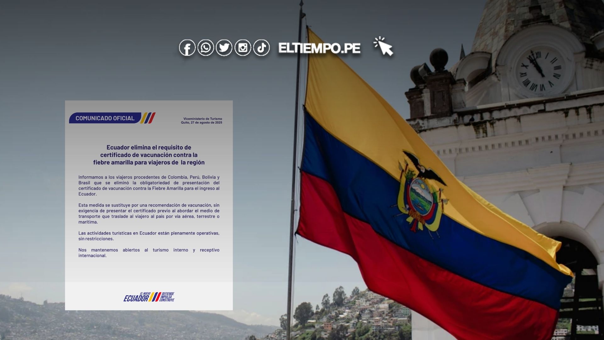 ecuador no exigirá carnet de vacunación contra la fiebre amarilla