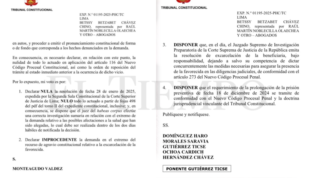 Según los magistrados, en el caso de la expremier Betssy Chávez se ha dado una “una flagrante vulneración del derecho a no padecer detenciones arbitrarias”. Ello porque permaneció en prisión 8 días después de que el plazo inicial de 18 meses había vencido.